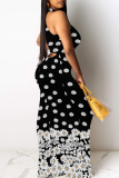 Black Casual Print Patchwork O Neck Long Dresses