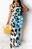 Black Casual Print Patchwork O Neck Long Dresses