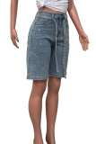 Light Blue Casual Solid Color With Belt Hot Drill Mid Waist Loose Denim Shorts