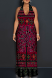 Green Casual Print Backless Halter Loose Jumpsuits