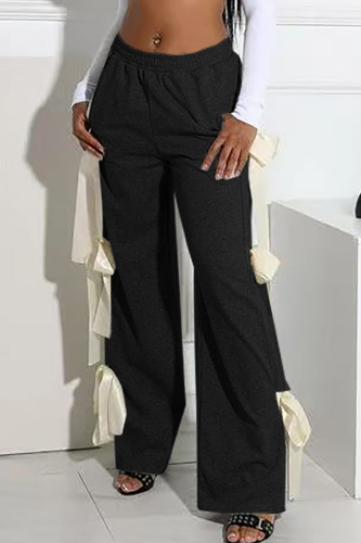 Black Casual Solid Color Pocket Bow Decor Loose Mid Waist Conventional Patchwork Bottoms