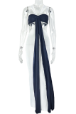 Black And White Sexy Solid Color Hollow Out Contrast V Neck Long Dresses