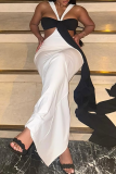 Black And White Sexy Solid Color Hollow Out Contrast V Neck Long Dresses
