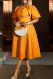 Orange Casual Solid Color Jacquard Flower Shape O Neck Long Dresses