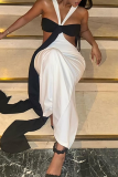Black And White Sexy Solid Color Hollow Out Contrast V Neck Long Dresses