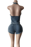 Blue Sexy Solid Color With Belt Zipper V Neck Sleeveless Regular Denim Jumpsuits