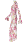 Pink Elegant Print Patchwork Turtleneck Long Dresses
