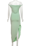 Green Sexy Solid Color Slit Off Shoulder Long Dresses