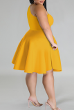 Yellow Casual Solid Color Patchwork Oblique Collar A Line Plus Size Dresses