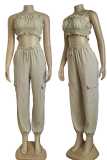 Cream White Sexy Solid Color Draw String Ruched Spaghetti Strap Sleeveless Two Pieces