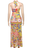 Leopard Print Sexy Print Backless High Slit Strap Design Halter Long Dresses