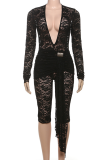 Black Sexy Solid Color Lace Ruched Deep V Neck Skinny Jumpsuits