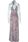 Burgundy Sexy Print Backless Spaghetti Strap Long Dresses