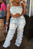 Blue Casual Solid Color Pocket Mid Waist Loose Denim Jeans