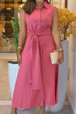 Pink Casual Solid Color Buckle Strap Design Turndown Collar Long Dresses