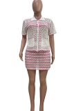 Pink Casual Stripe Pocket Buckle Turndown Collar Half Sleeve Two Pieces