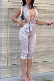 Purple Sexy Print Backless Deep V Neck Sleeveless Two Pieces