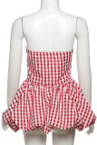 Red Sexy Plaid Backless Strapless Tops