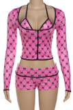 Rose Red Sexy Print Strap Design Halter Long Sleeve Two Pieces