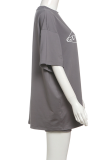 Grey Casual Letters Patchwork O Neck Short Sleeve Two Pieces