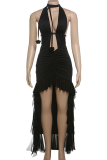 Black Sexy Solid Color Backless High Slit Deep V Neck Long Dresses