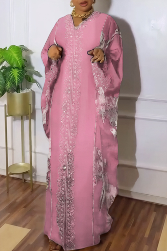 Pink Casual Hot Drill V Neck Long Dresses