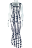 Black White Sexy Print Backless Spaghetti Strap Long Dresses