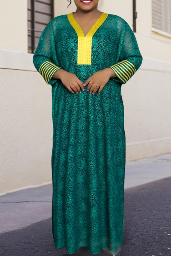 Green Casual Print Patchwork V Neck Long Sleeve Two Pieces