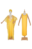 Yellow Casual Embroidery Hot Drill O Neck Three Quarter Two Pieces