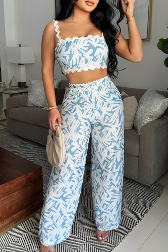 Blue Casual Print Backless Spaghetti Strap Sleeveless Two Pieces