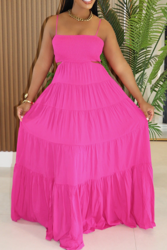 Rose Red Casual Solid Color Hollow Out Spaghetti Strap Long Dresses