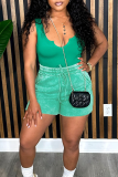 Blue Casual Solid Color Draw String V Neck Sleeveless Two Pieces