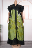 Green Casual Print Patchwork V Neck Half Sleeve Two Pieces