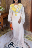 Yellow Casual Embroidery Hot Drill O Neck Three Quarter Two Pieces