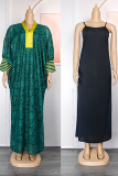 Green Casual Print Patchwork V Neck Long Sleeve Two Pieces
