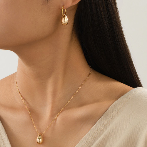 Gold Pendant Necklace And Circle Drop Earrings Set For Women