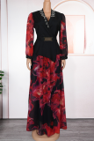 Black Elegant Print With Belt V Neck Plus Size Two Pieces