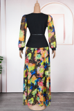 Red Casual Print With Belt Stringy Selvedge V Neck Plus Size Two Pieces