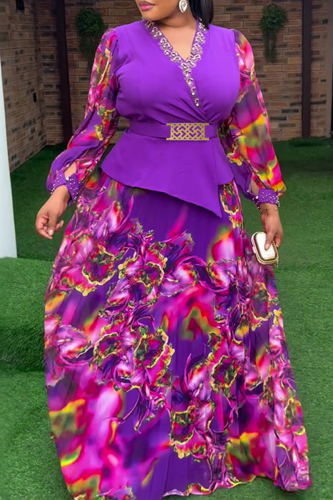 Purple Elegant Print With Belt V Neck Plus Size Two Pieces