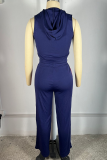 Tibetan Blue Casual Zipper Contrast Zipper Collar Sleeveless Two Pieces