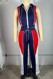 Tibetan Blue Casual Zipper Contrast Zipper Collar Sleeveless Two Pieces