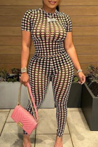 Black Sexy Print See-Through O Neck Short Sleeve Two Pieces