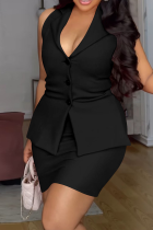 Black Sexy Solid Color Buckle V Neck Plus Size Two Pieces