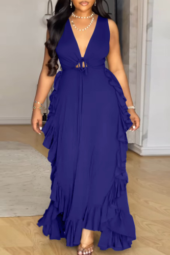 Colorful Blue Sexy Solid Color Strap Design Ruffled Trim V Neck Long Plus Size Dresses