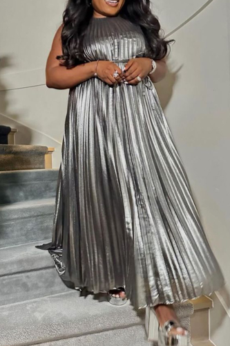 Silver Elegant Solid Color Strap Design Pleated O Neck Long Plus Size Dresses