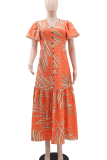 Tangerine Red Elegant Print Buckle V Neck Long Dresses