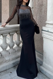Black Prom Solid Color Hot Drill O Neck Long Dresses