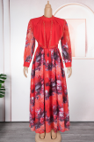 Black Elegant Print With Belt Zipper Flounce O Neck Long Plus Size Dresses