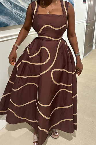 Dark Brown Casual Print Pocket Square Neck Long Dresses