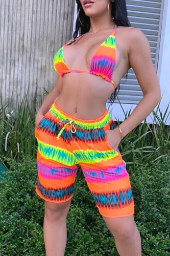 Orange Sexy Print Backless Strap Design Halter Sleeveless Two Pieces